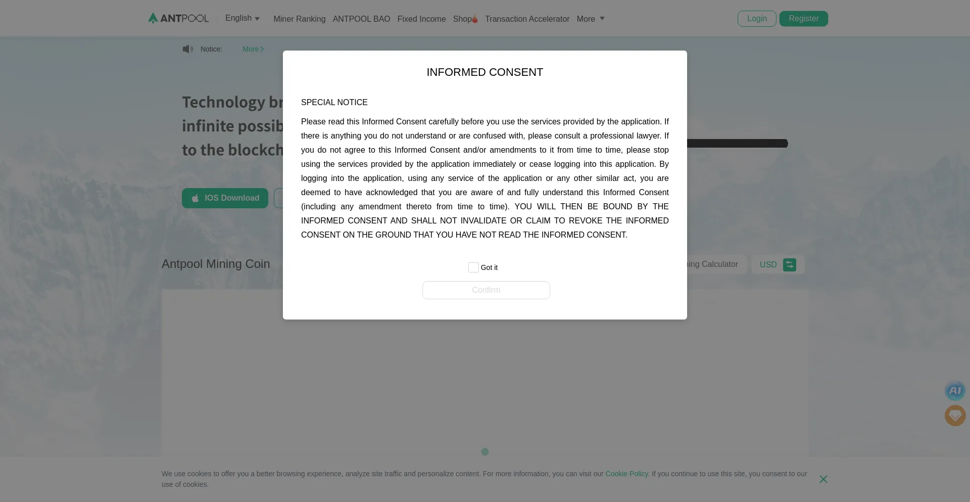 Website screenshot of Antpool.com