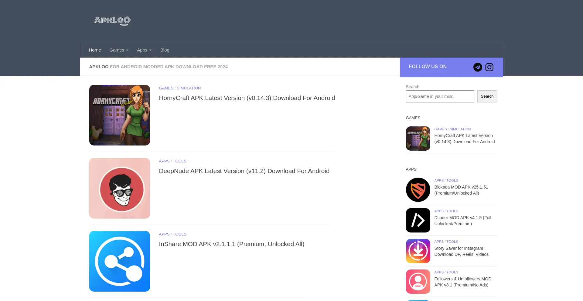 Website screenshot of Apkloo.io