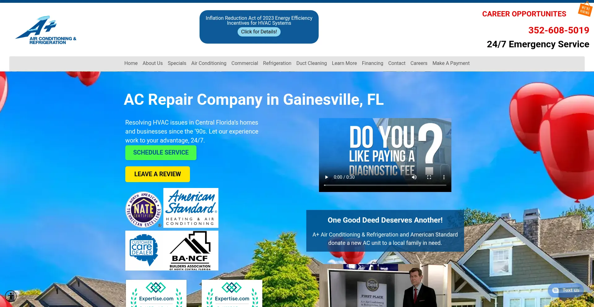 Website screenshot of Aplusairconditioning.com
