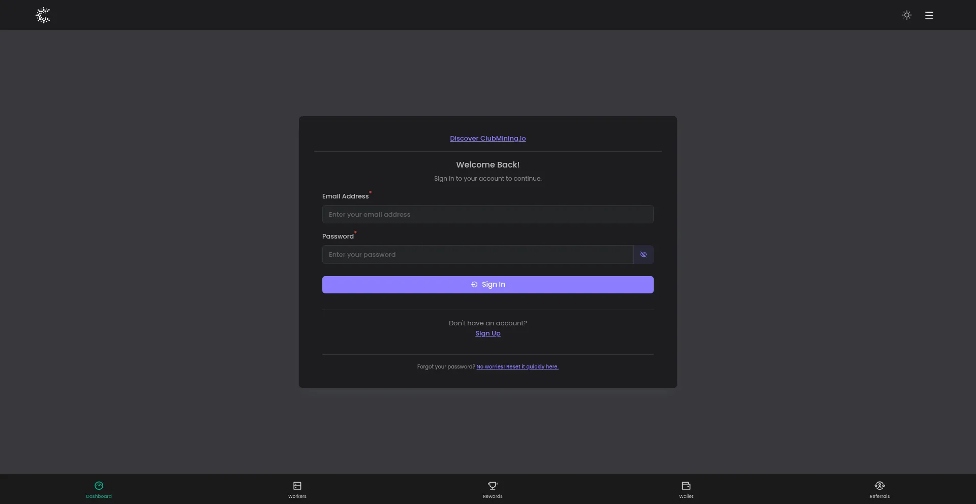 Website screenshot of App.clubmining.io