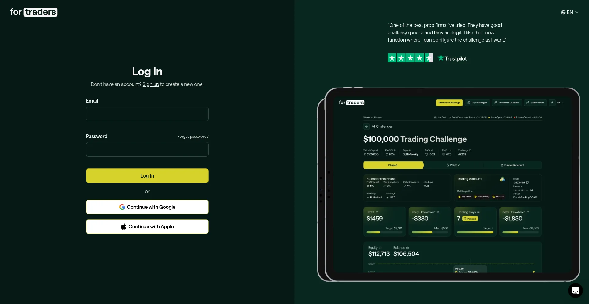 Website screenshot of App.fortraders.com