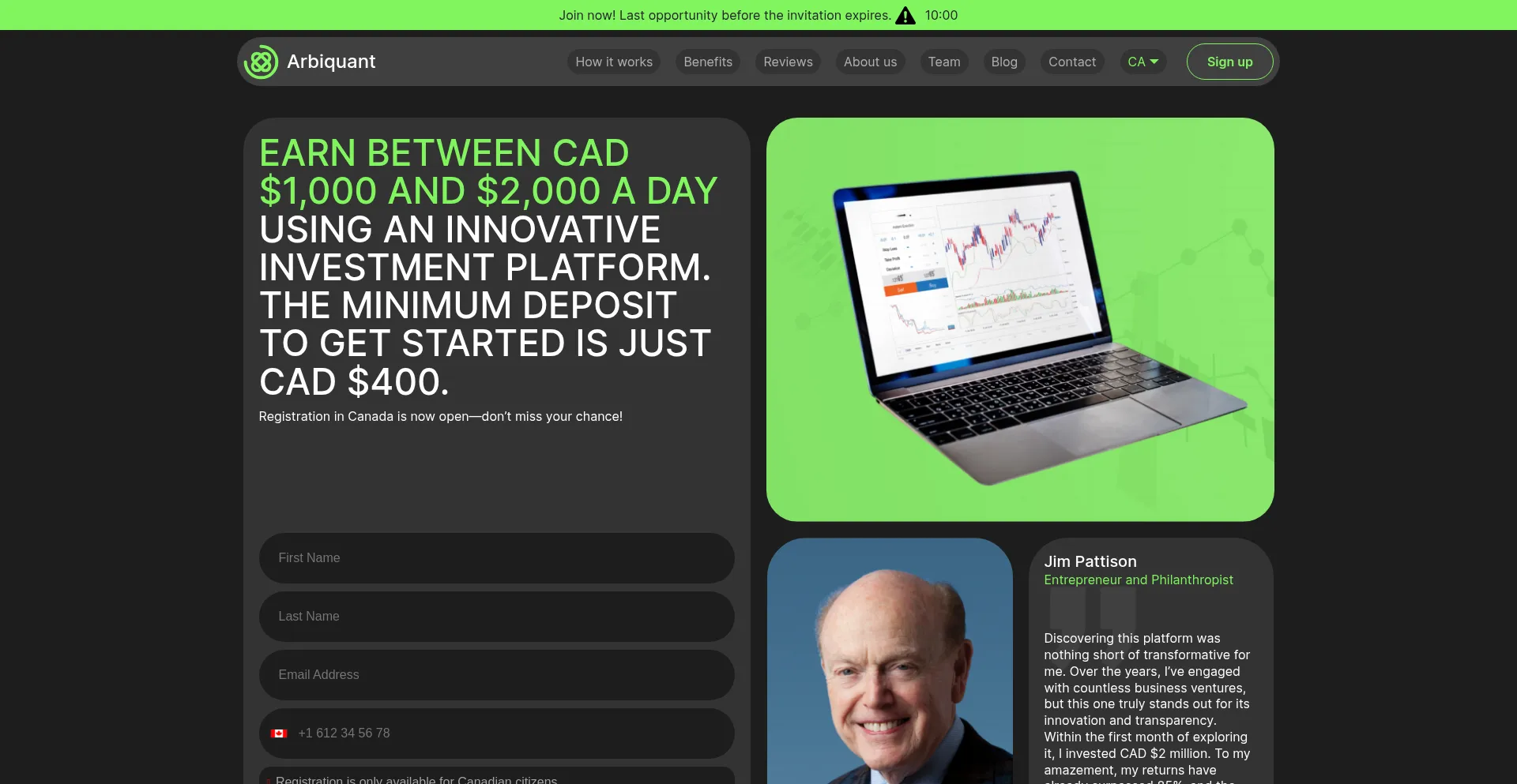 Website screenshot of Arbiquant-ca.com