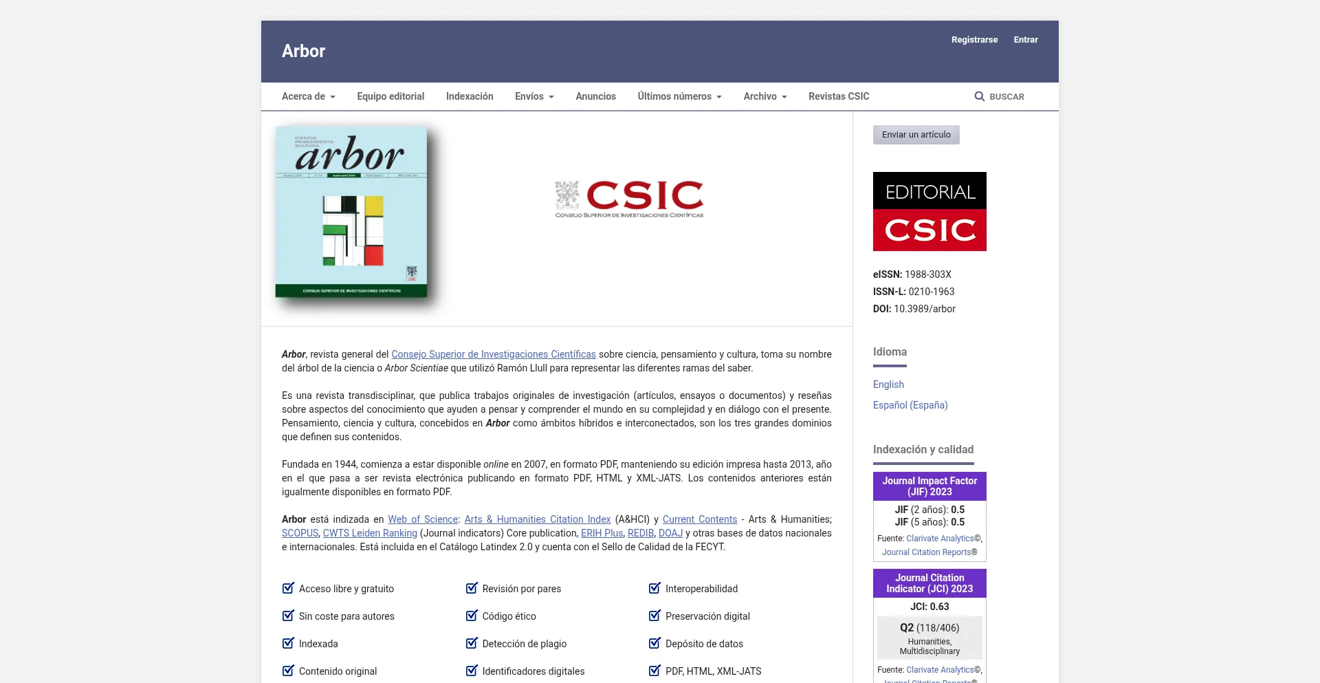Website screenshot of Arbor.revistas.csic.es