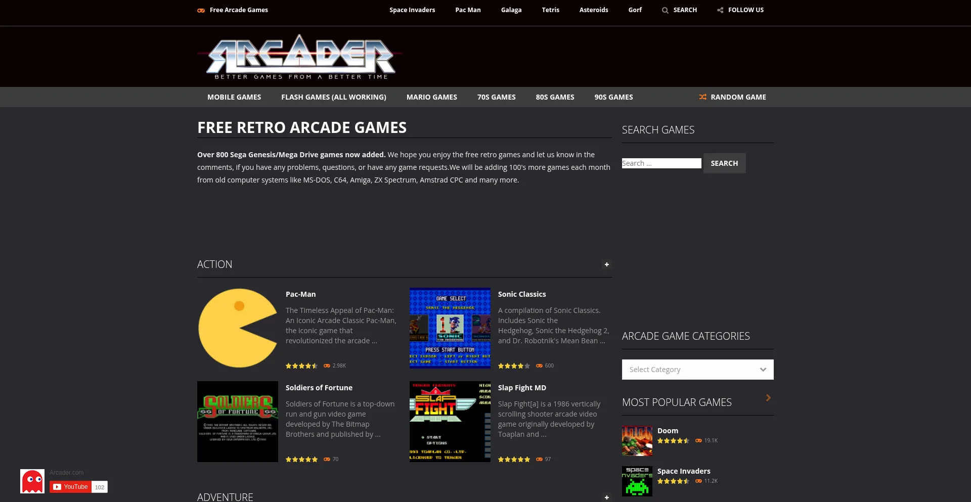 Website screenshot of Arcader.com
