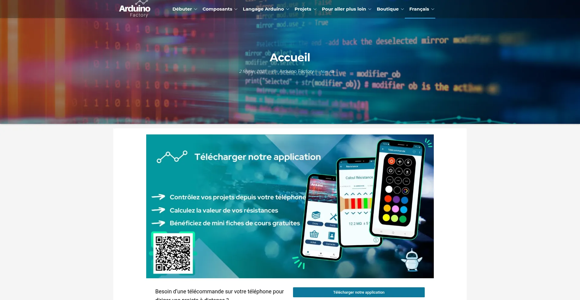 Website screenshot of Arduinofactory.fr