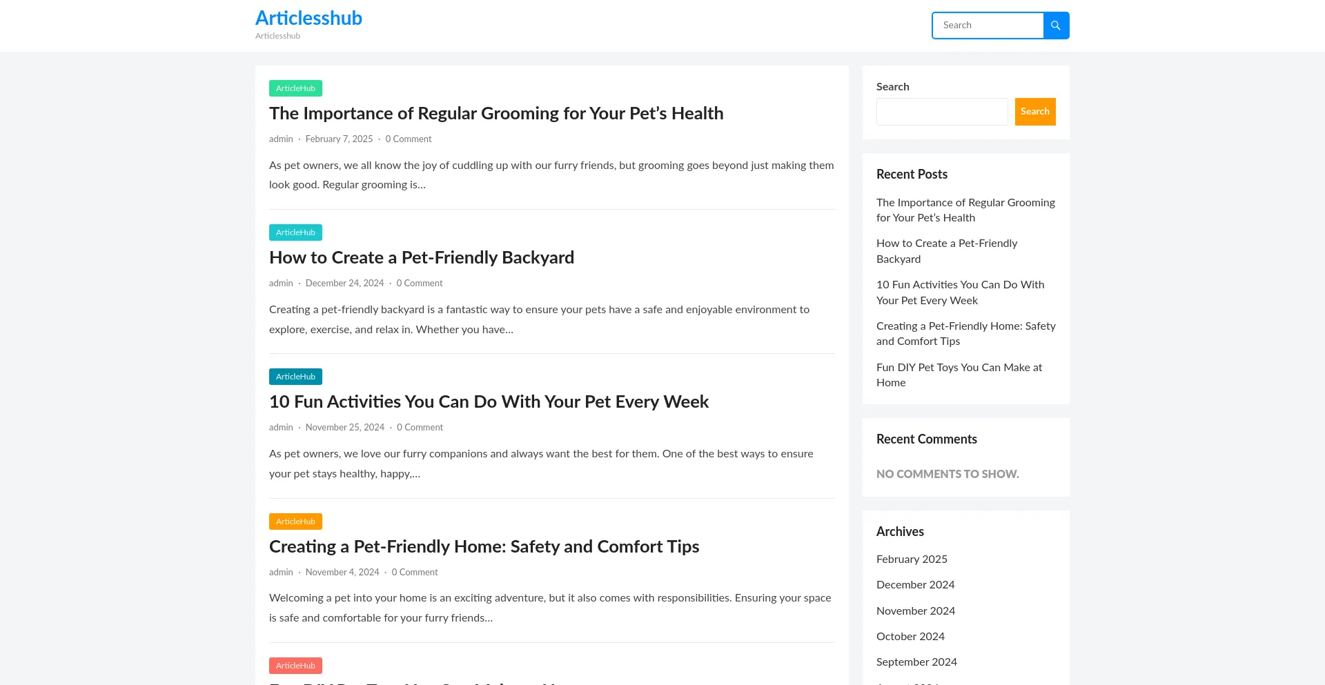 Website screenshot of Articlesshub.com