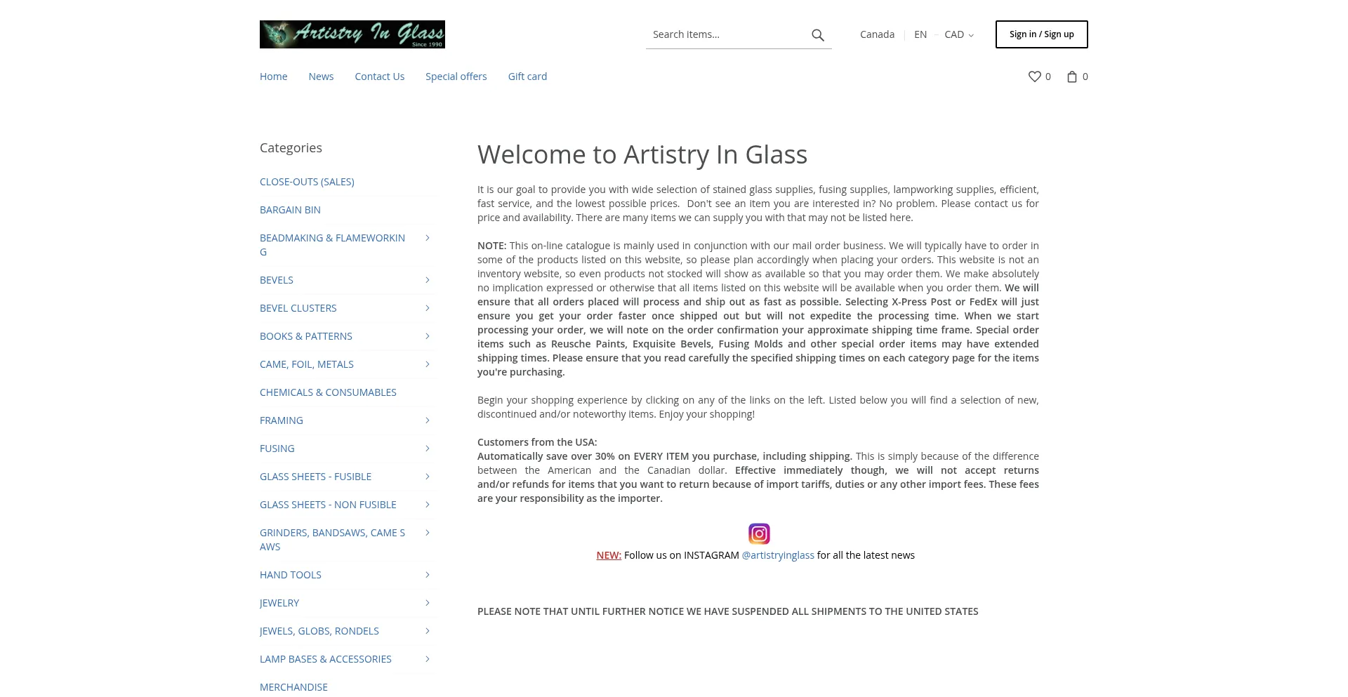 Website screenshot of Artistryinglass.on.ca