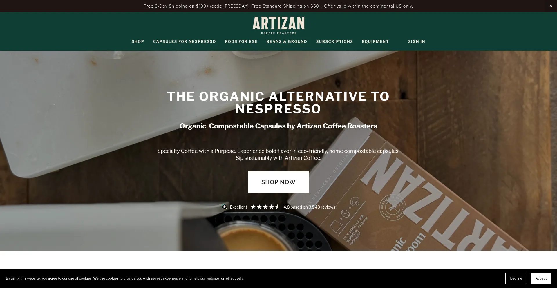 Website screenshot of Artizancoffee.com