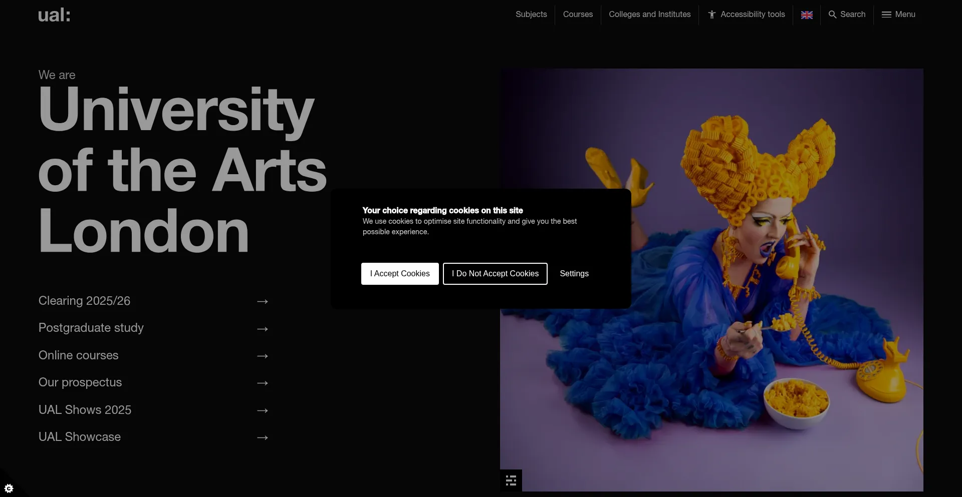 Website screenshot of Arts.ac.uk