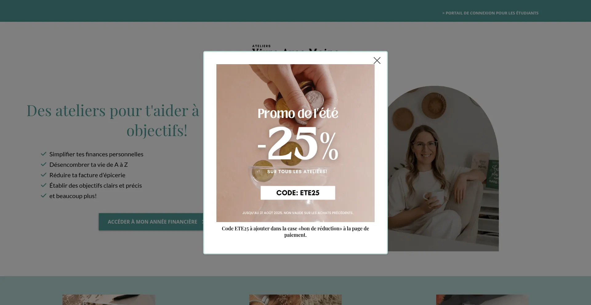 Website screenshot of Ateliersvivreavecmoins.com