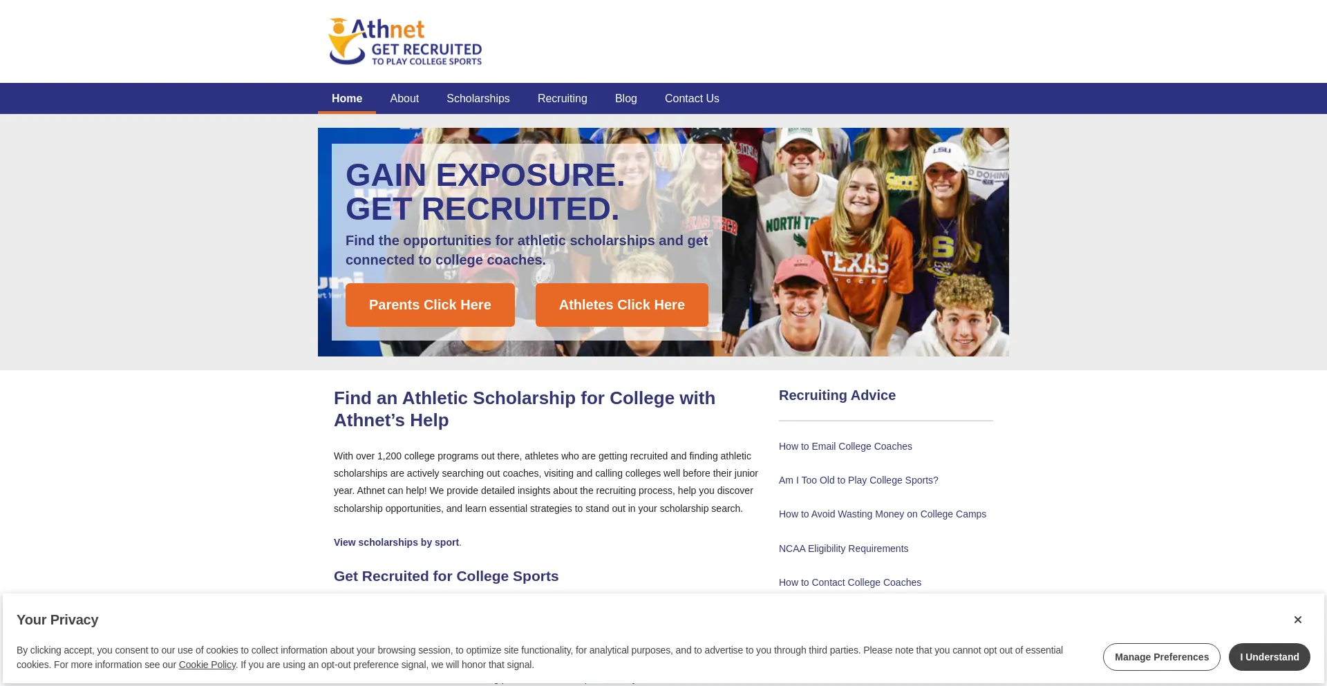 Website screenshot of Athleticscholarships.net