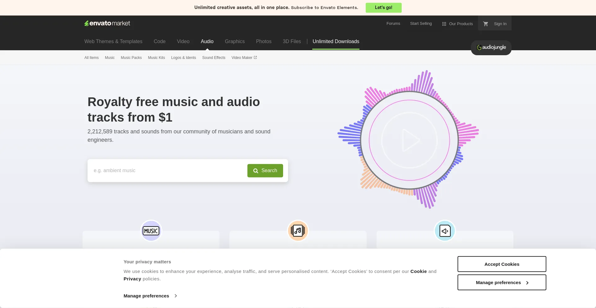 Website screenshot of Audiojungle.com