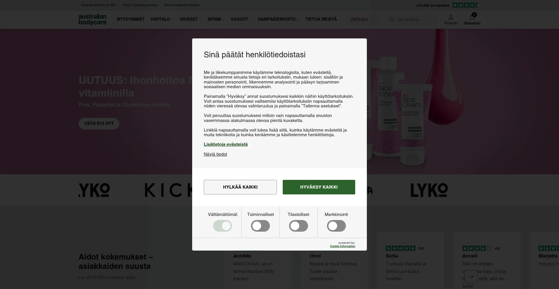 Website screenshot of Australian-bodycare.fi