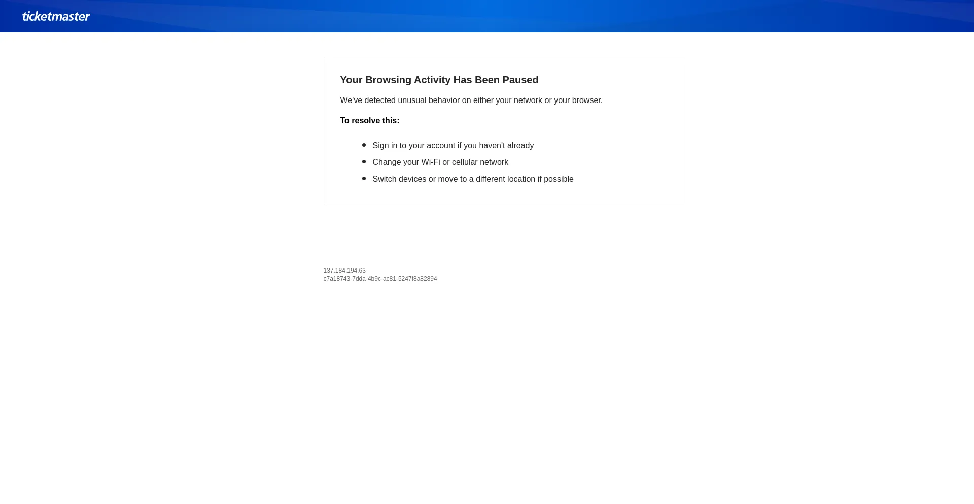 Website screenshot of Auth.ticketmaster.com