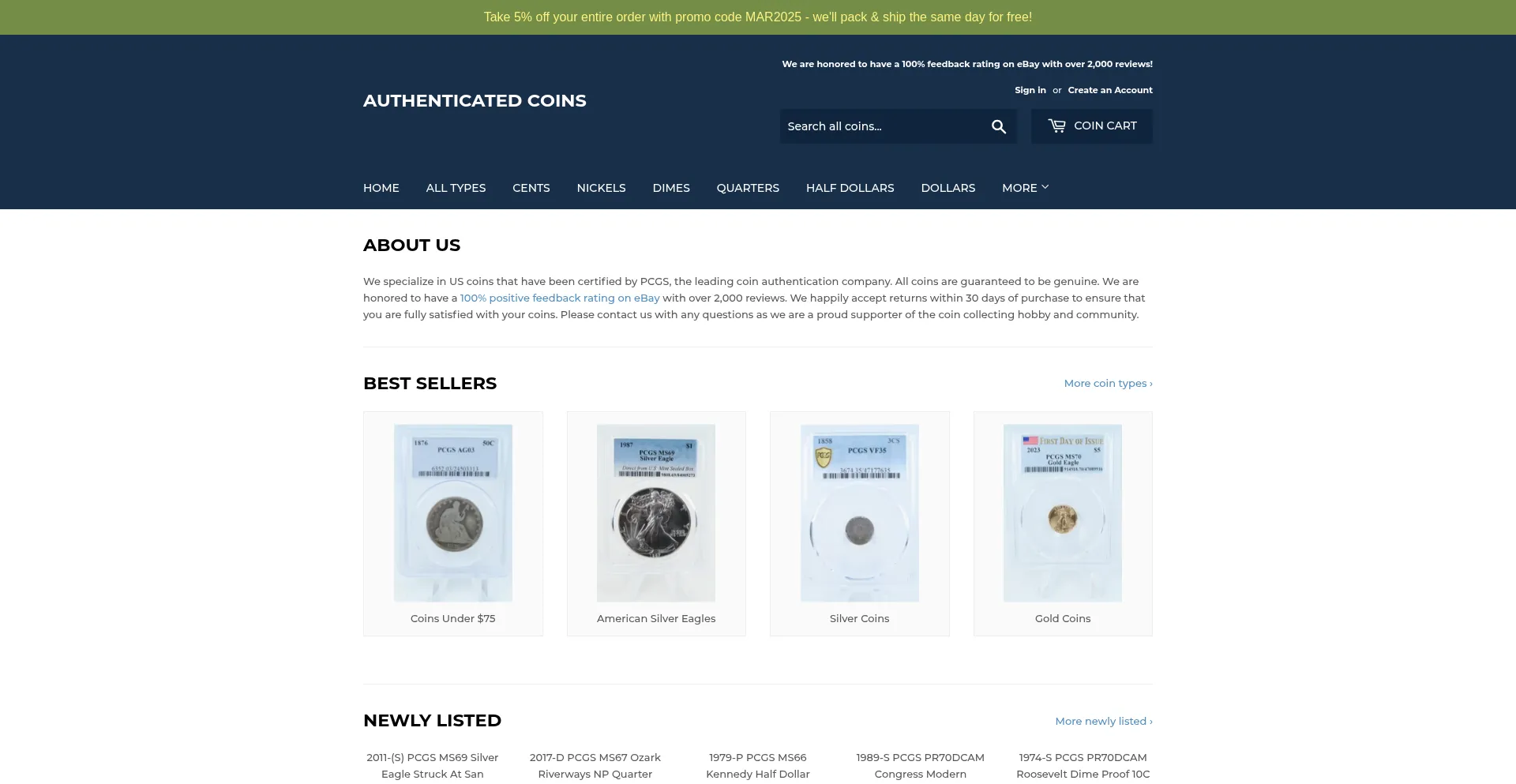 Website screenshot of Authenticatedcoins.com