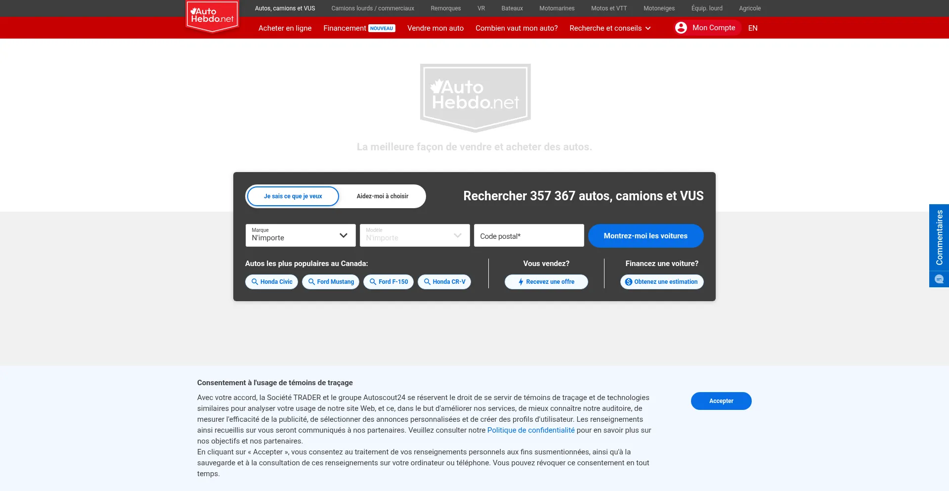 Website screenshot of Autohebdo.ca