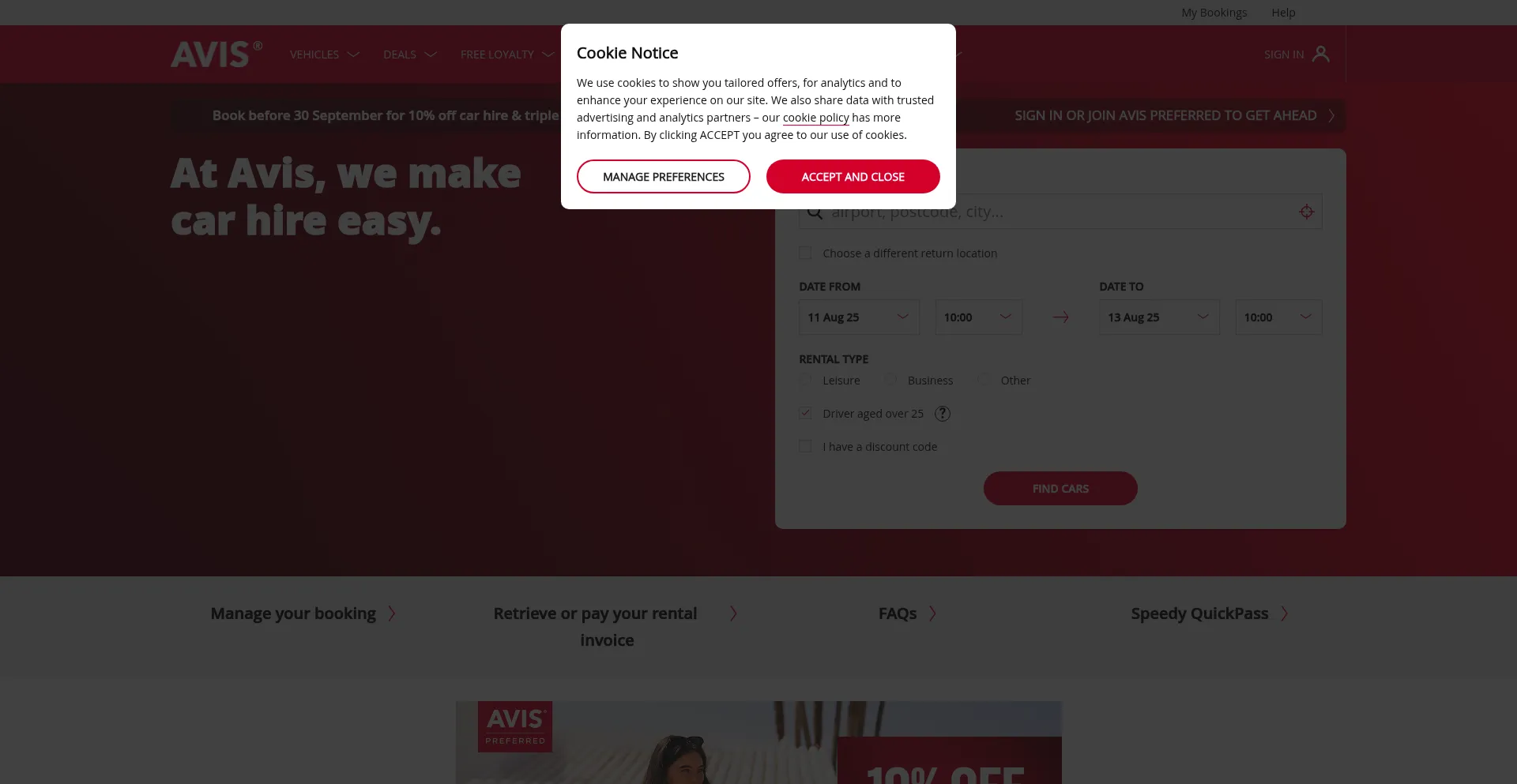 Website screenshot of Avis.co.uk