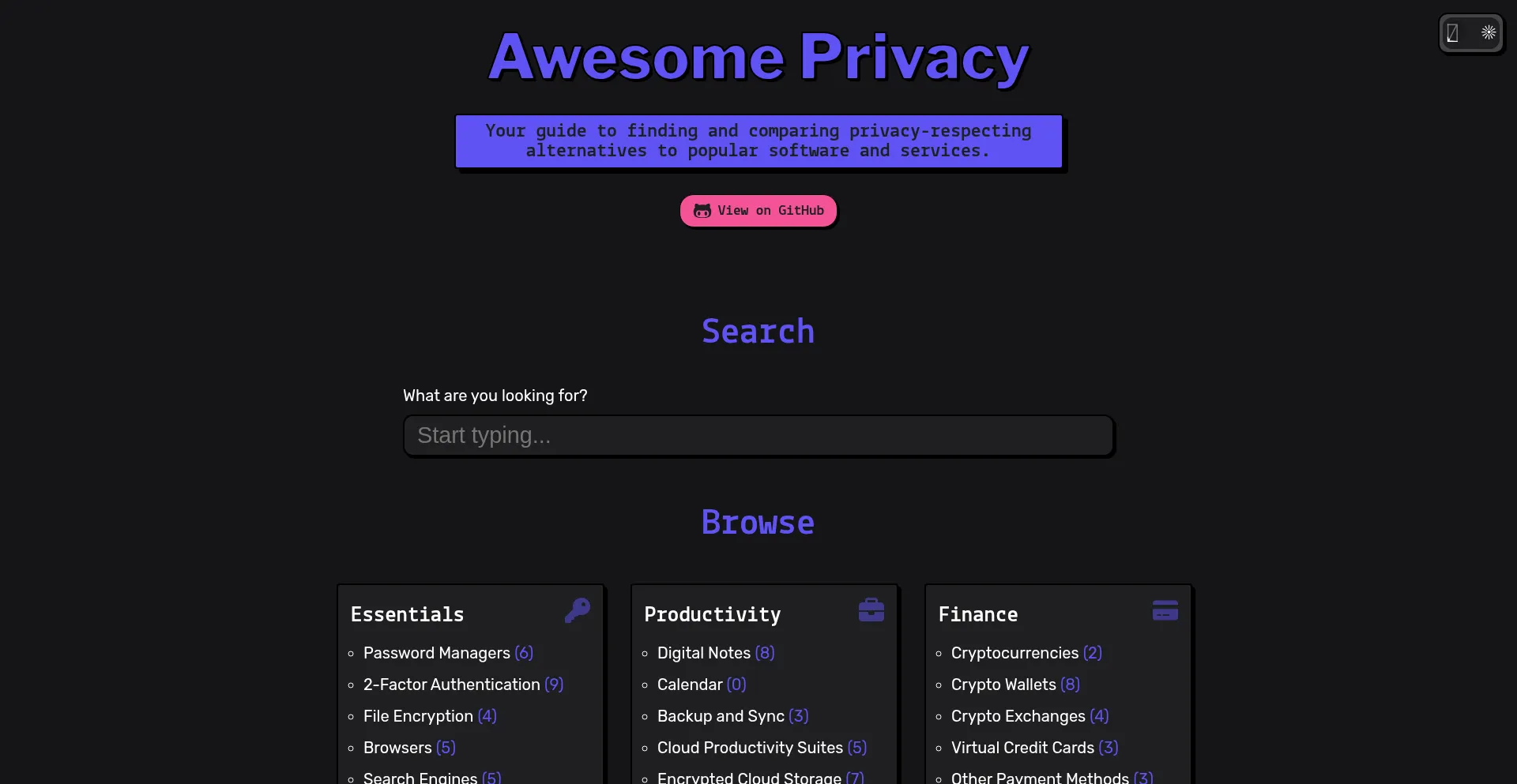 Website screenshot of Awesome-privacy.xyz