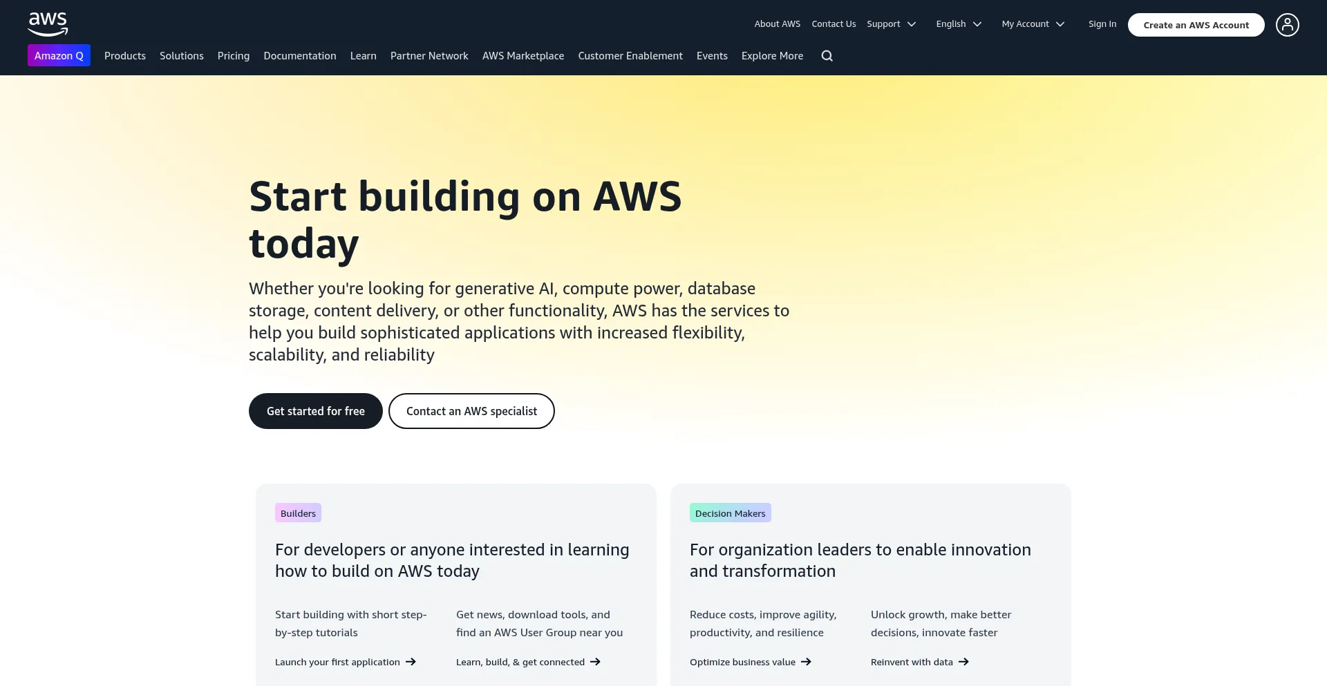 Website screenshot of Aws.amazon.com