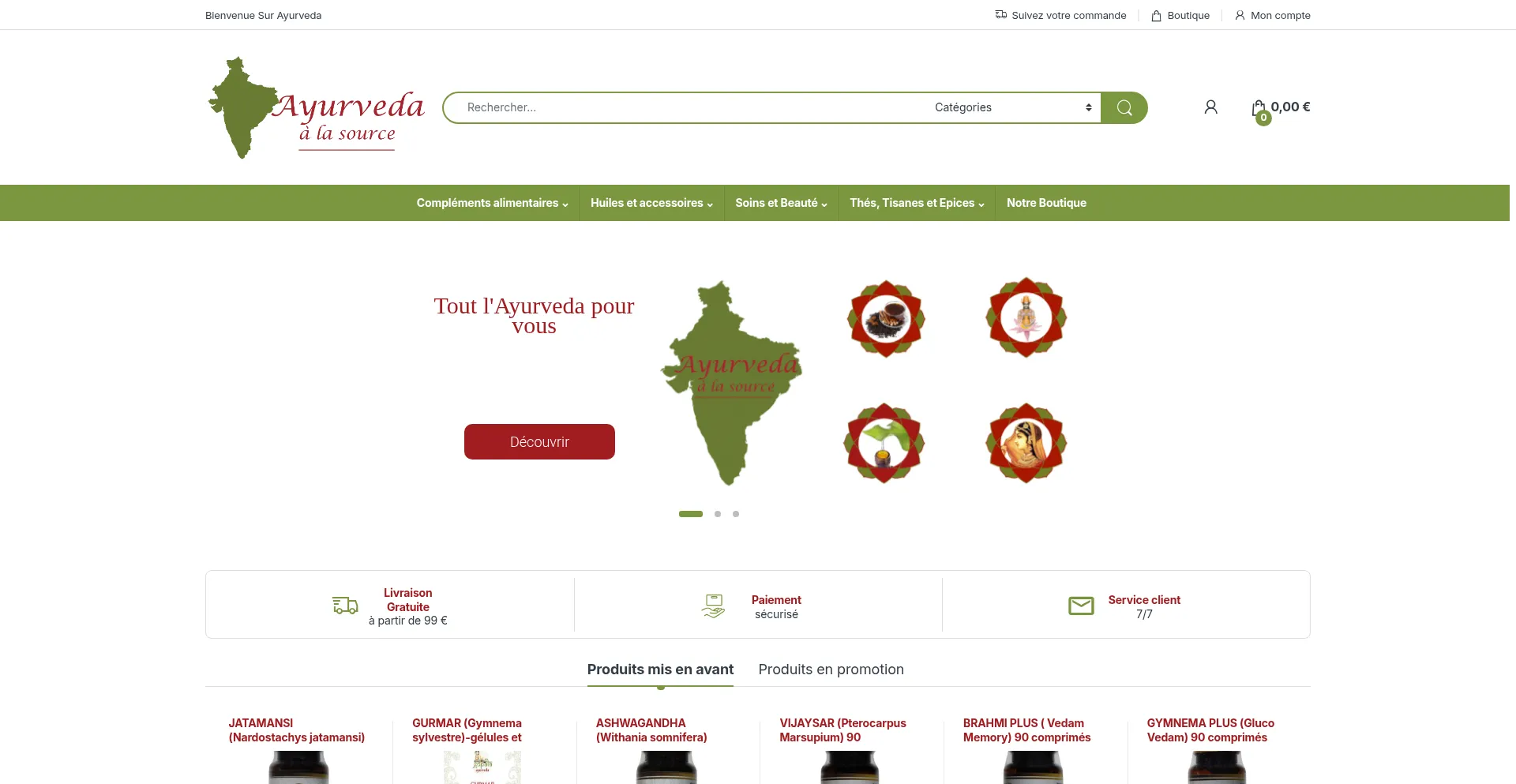 Website screenshot of Ayurvedaalasource.fr