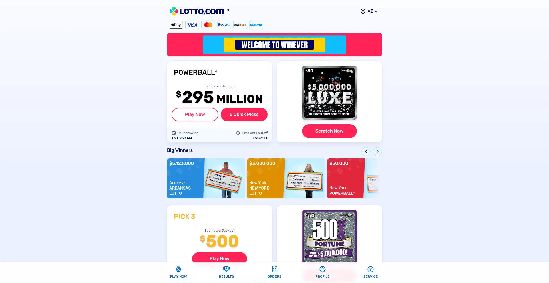 Website screenshot of Az.lotto.com