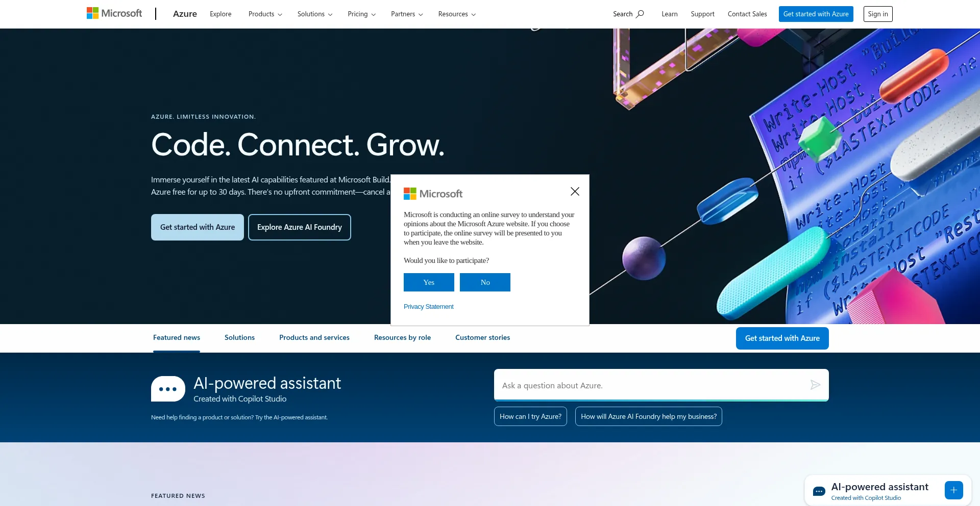 Website screenshot of Azure.microsoft.com