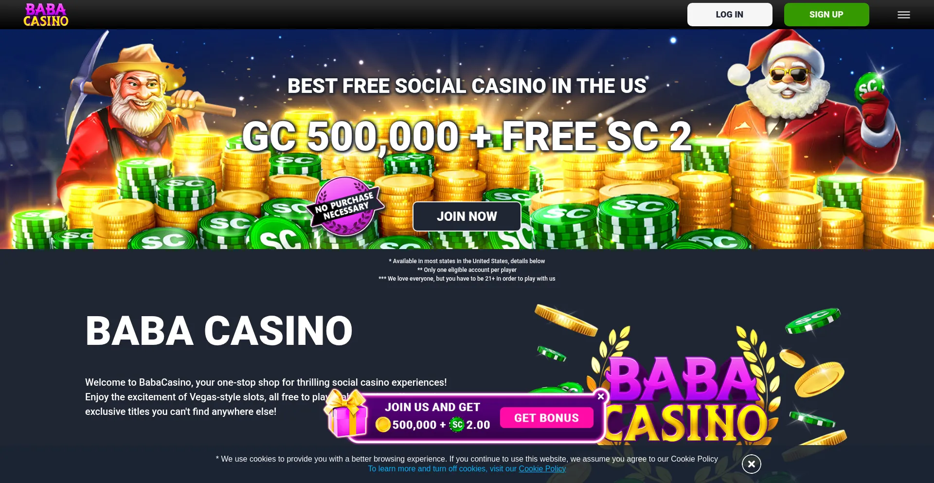 Website screenshot of Babacasino.com