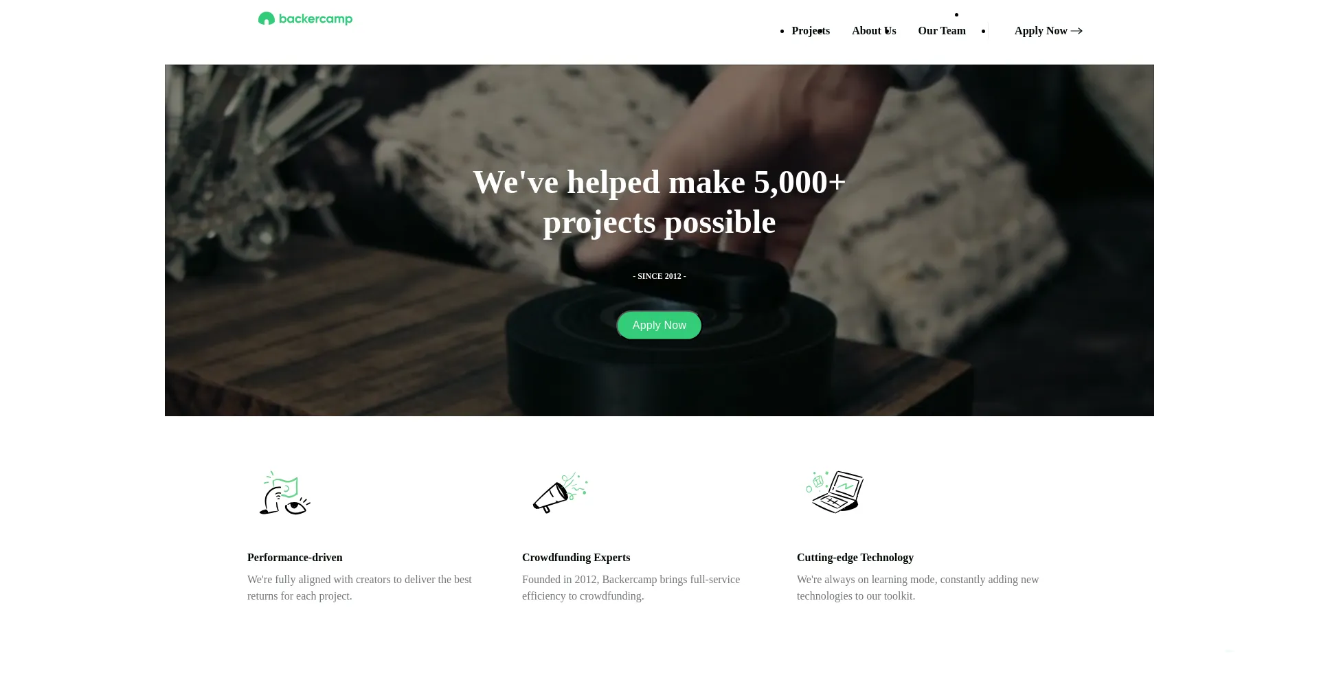 Website screenshot of Backercamp.com
