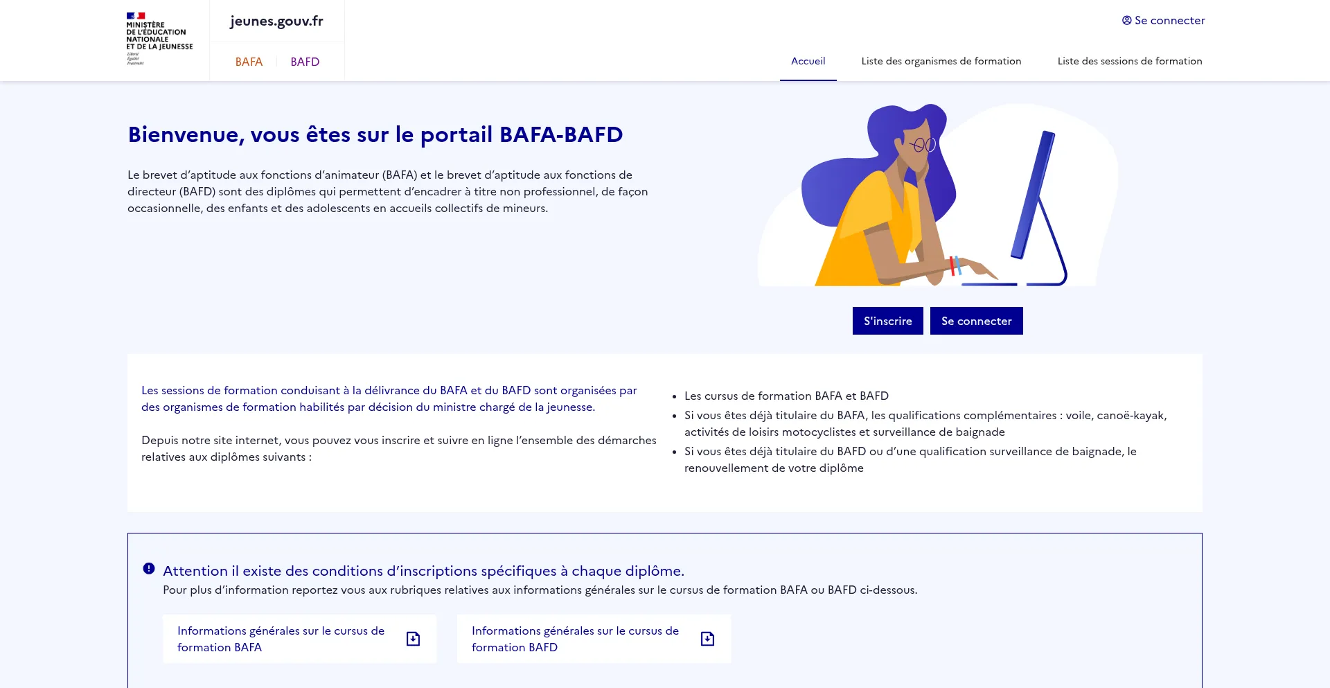 Website screenshot of Bafa-bafd.jeunes.gouv.fr