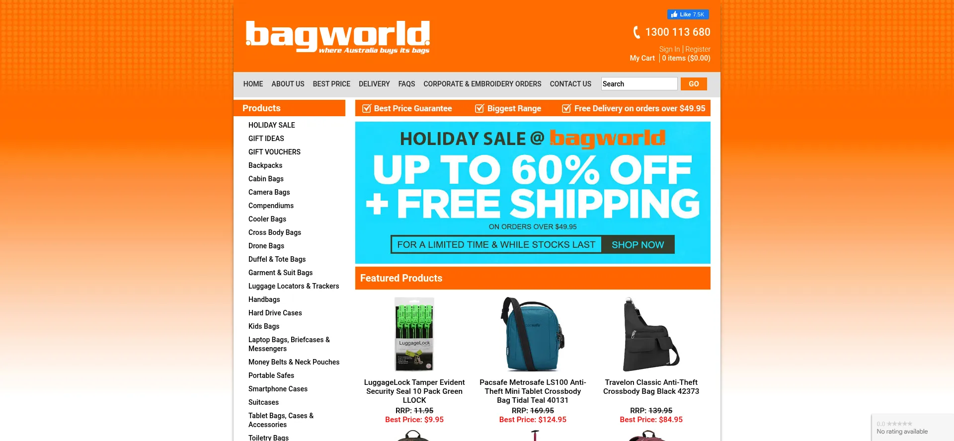 Website screenshot of Bagworld.com.au
