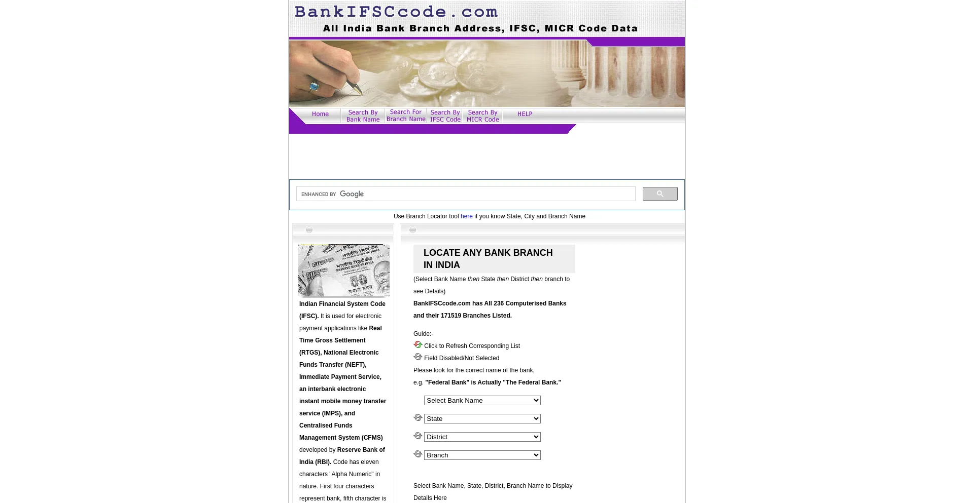 Website screenshot of Bankifsccode.com