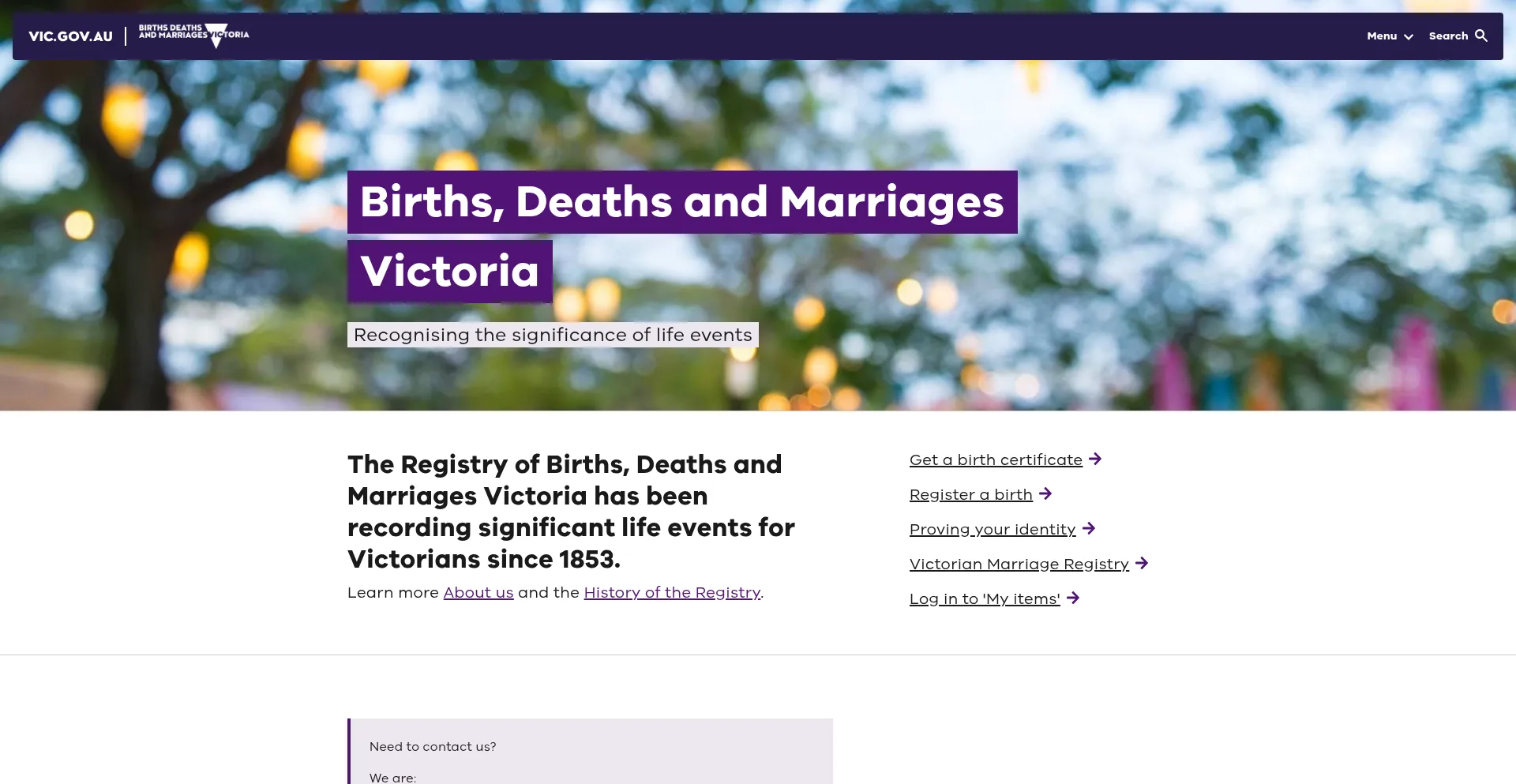 Website screenshot of Bdm.vic.gov.au