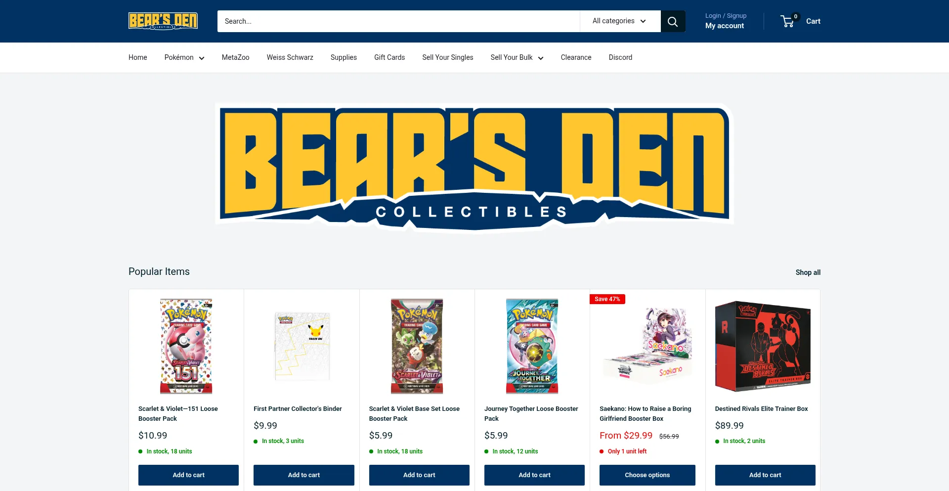Website screenshot of Bearsdencollectibles.com