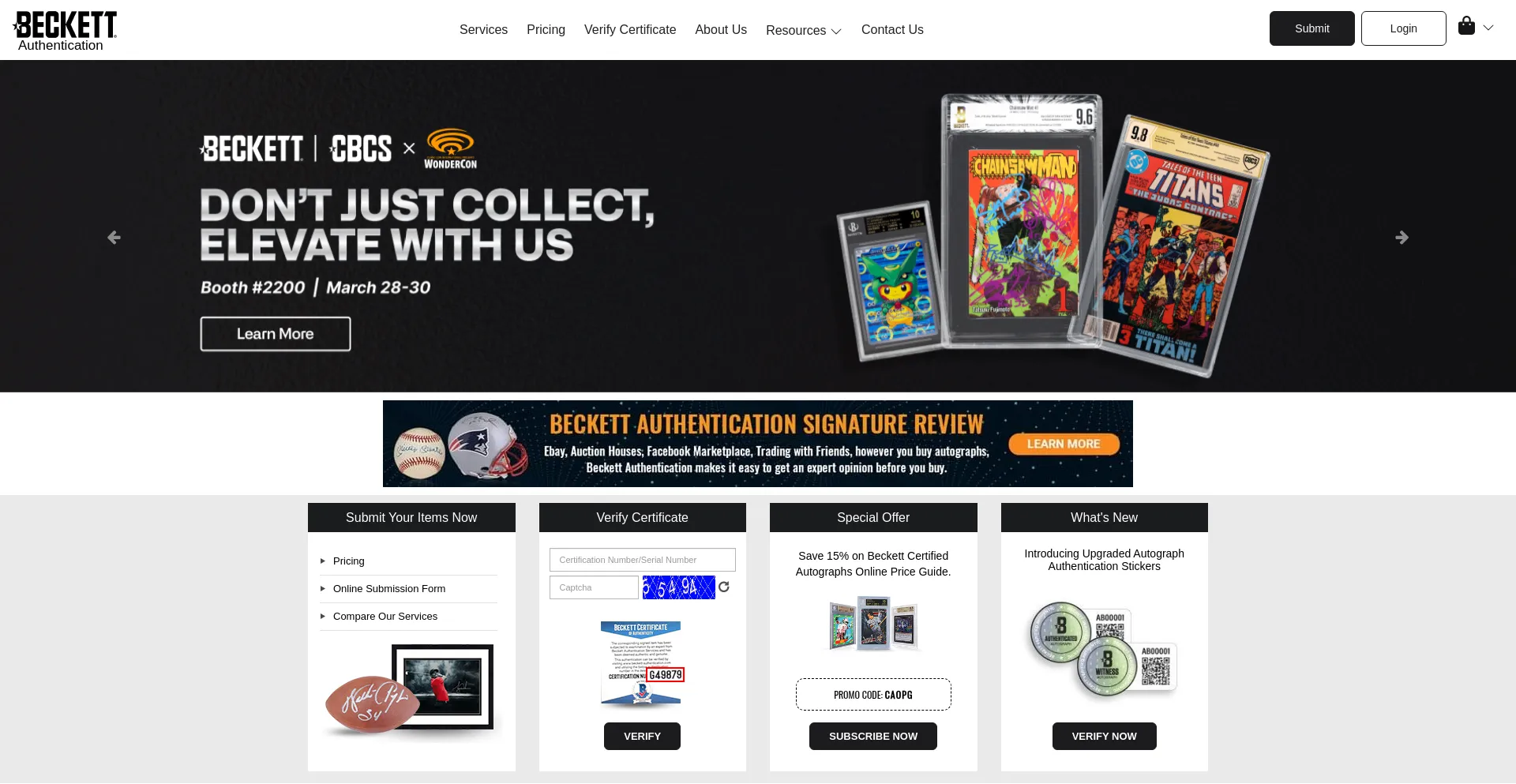 Website screenshot of Beckett-authentication.com