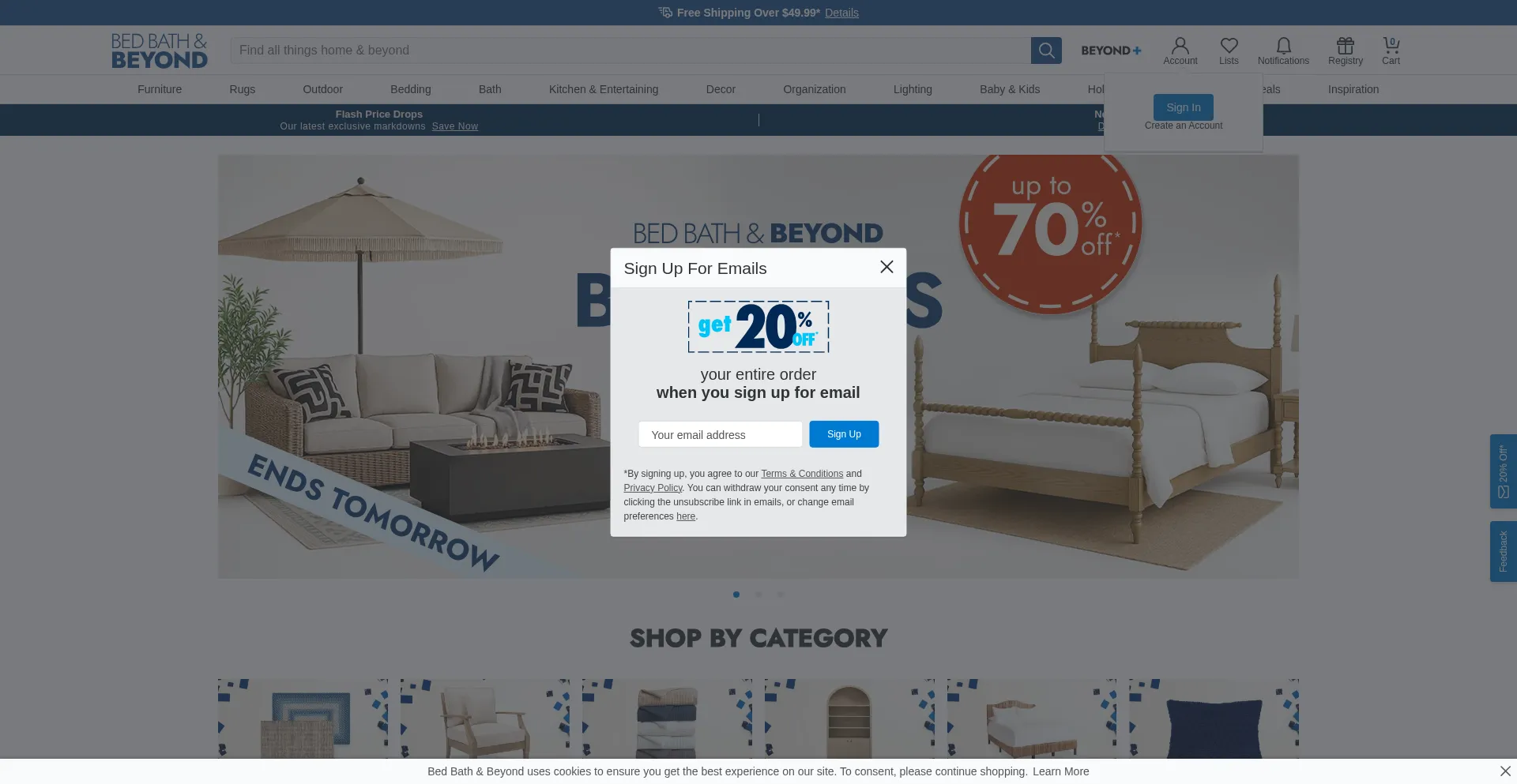 Website screenshot of Bedbathandbeyond.com