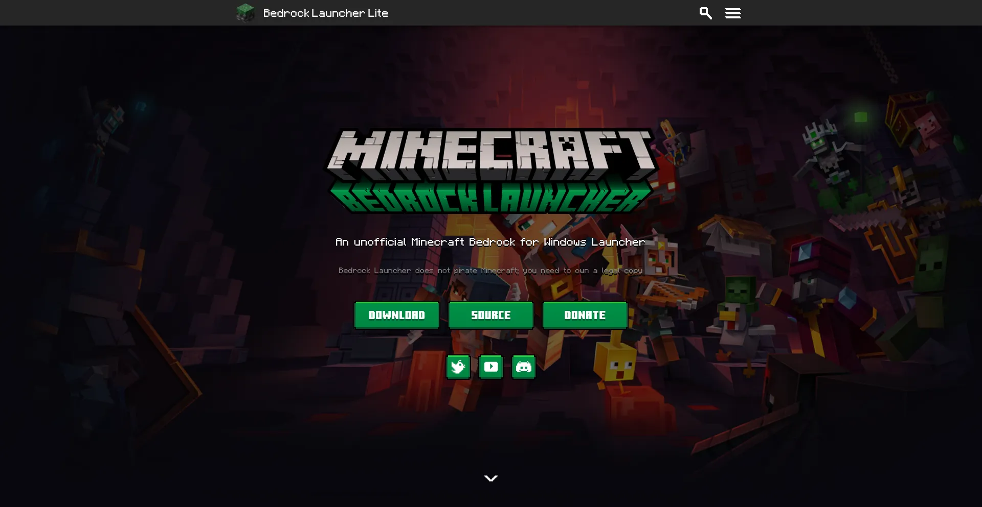 Website screenshot of Bedrocklauncher.github.io