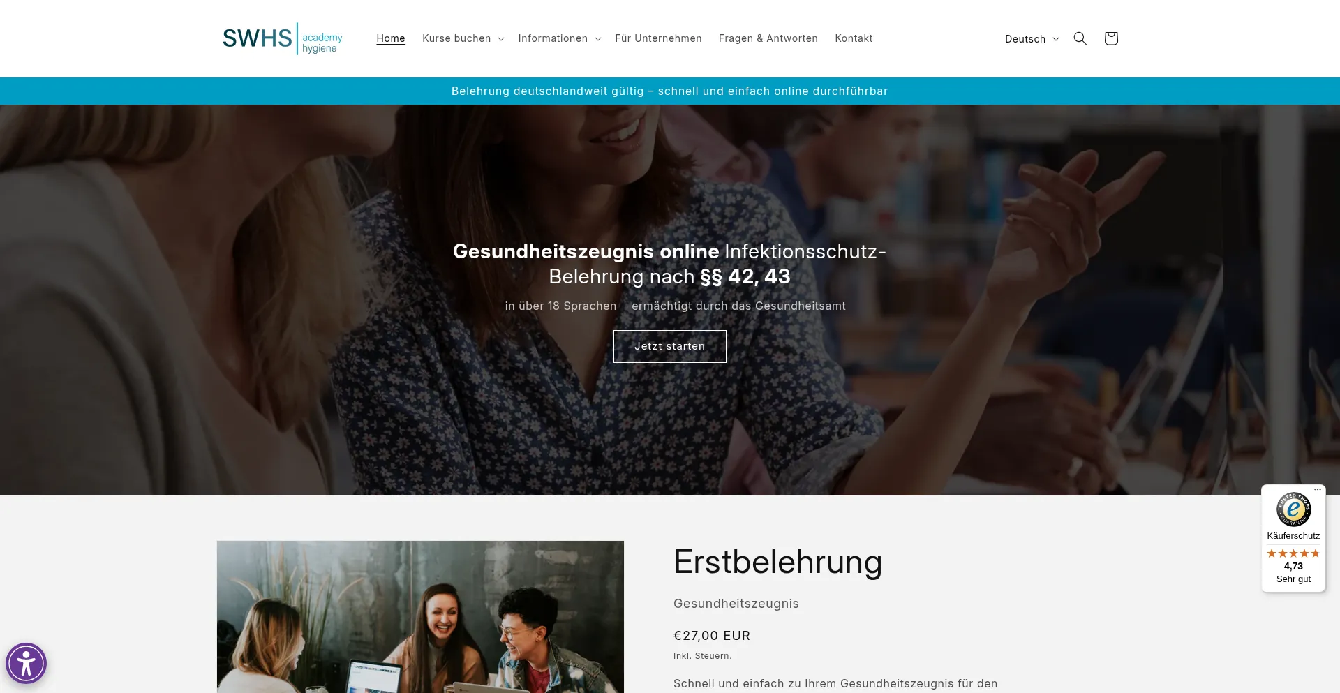 Website screenshot of Belehrung-ifsg.de
