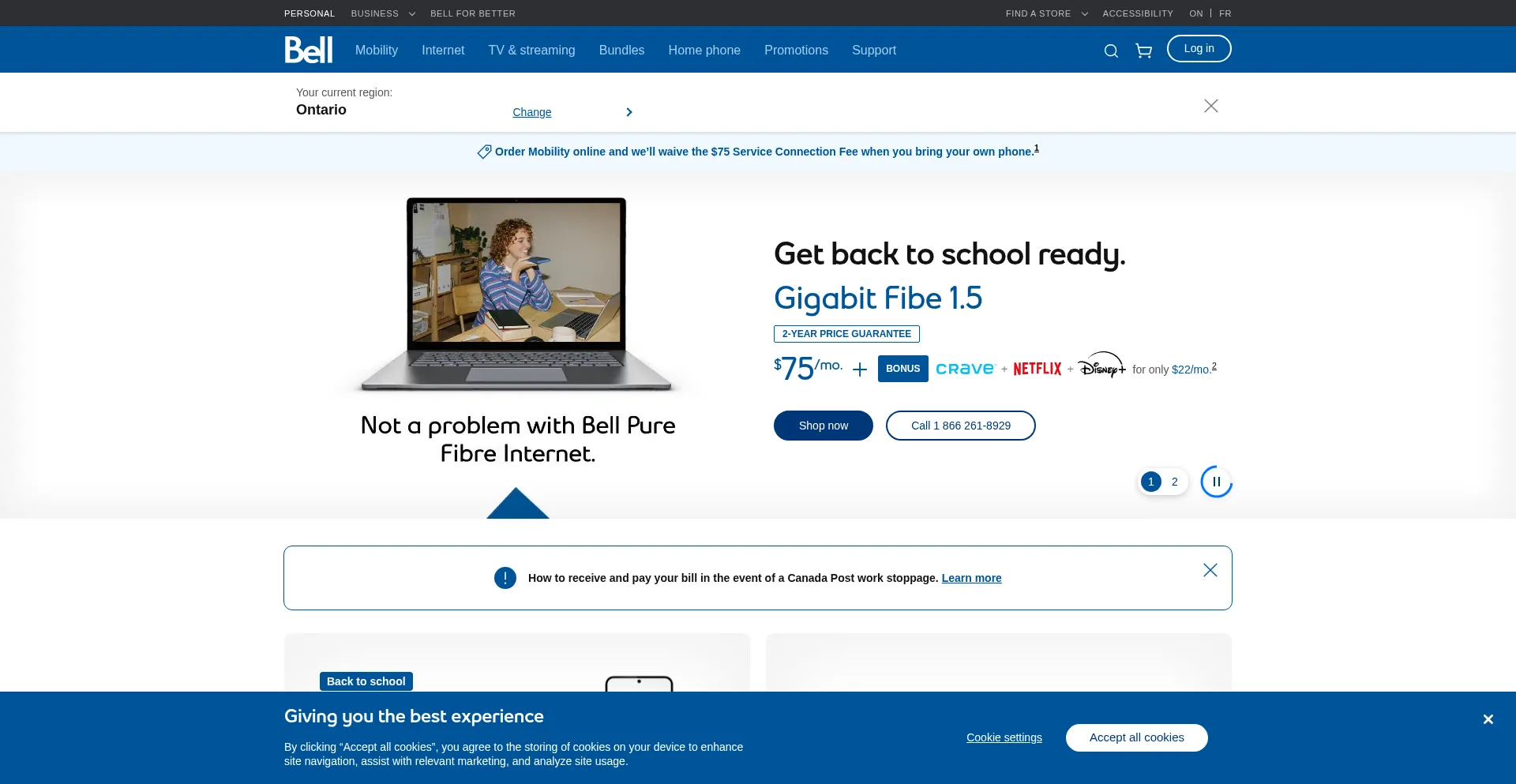 Website screenshot of Bell.ca