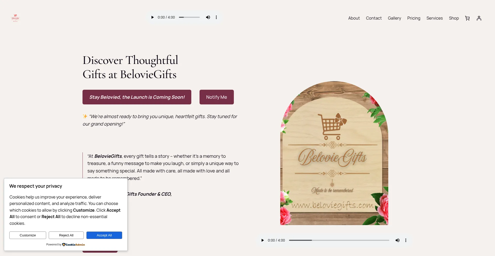 Website screenshot of Beloviegifts.com