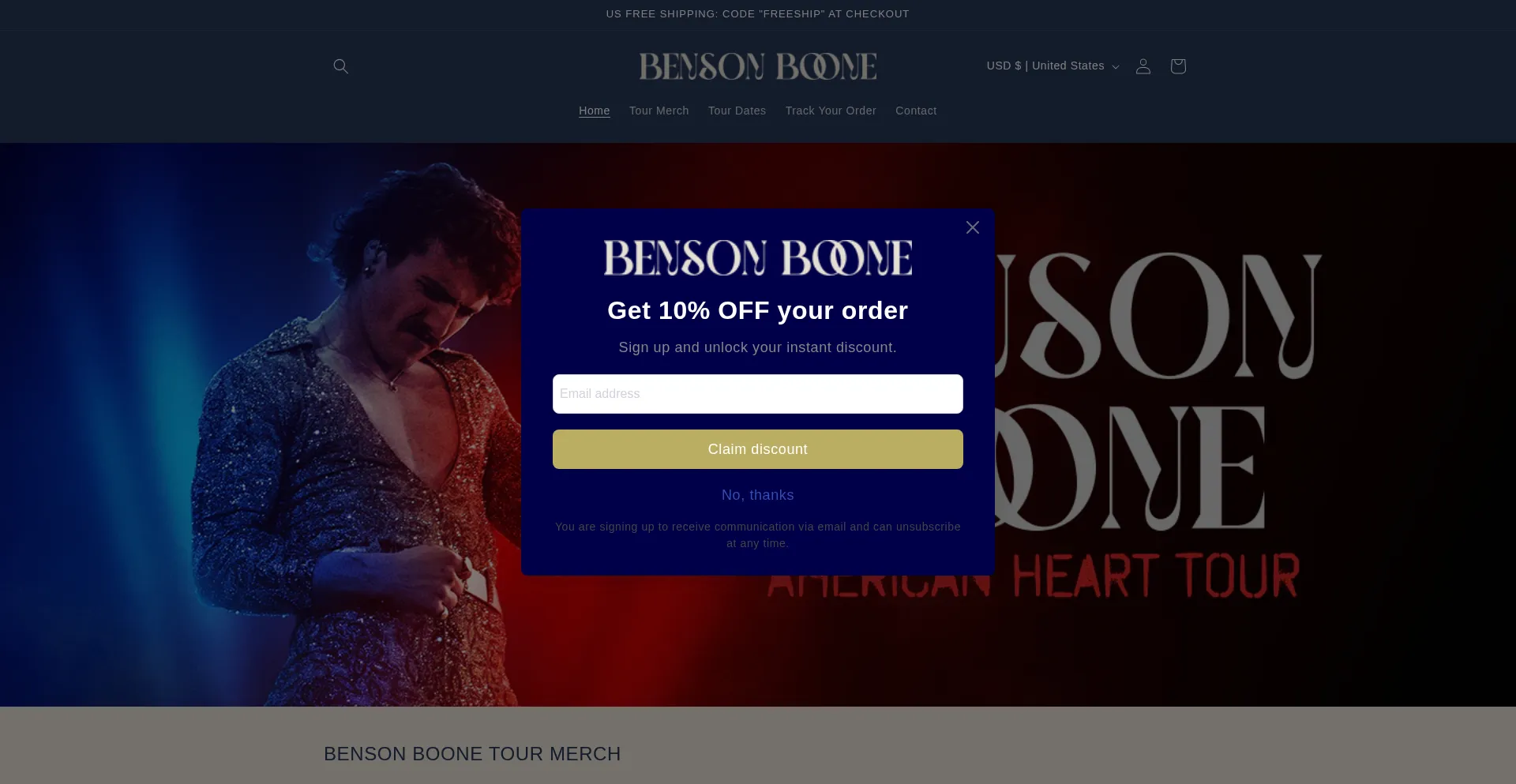 Website screenshot of Bensonboonetourmerch.com