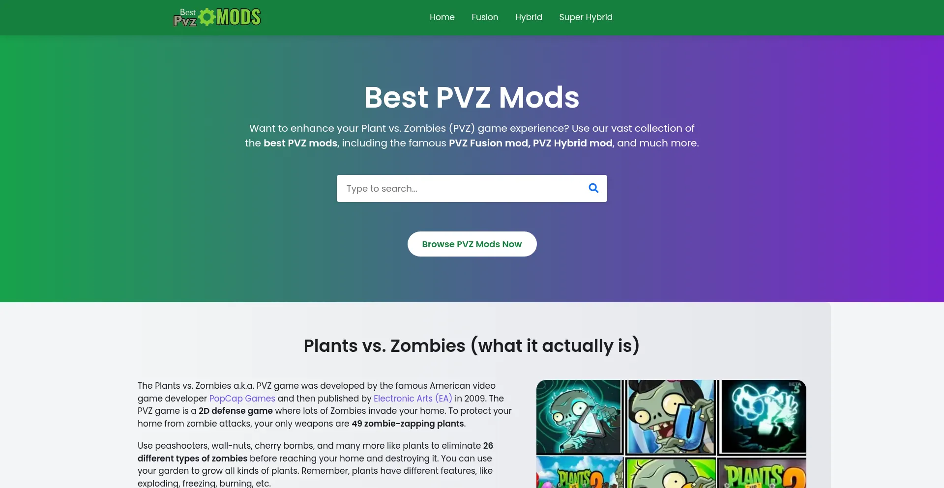 Website screenshot of Bestpvzmods.com