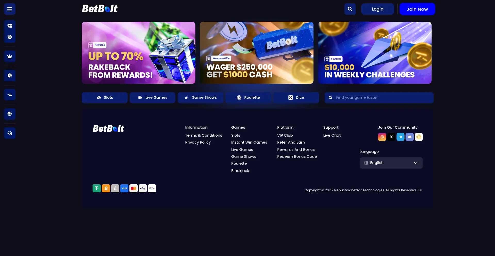 Website screenshot of Betbolt.com