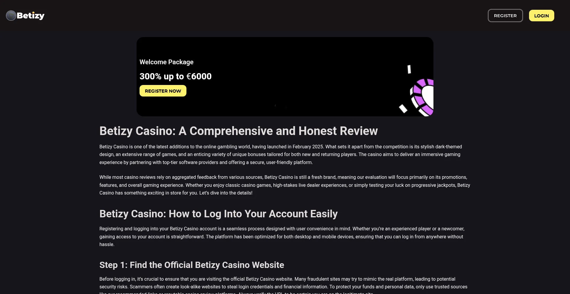 Website screenshot of Betizy.net