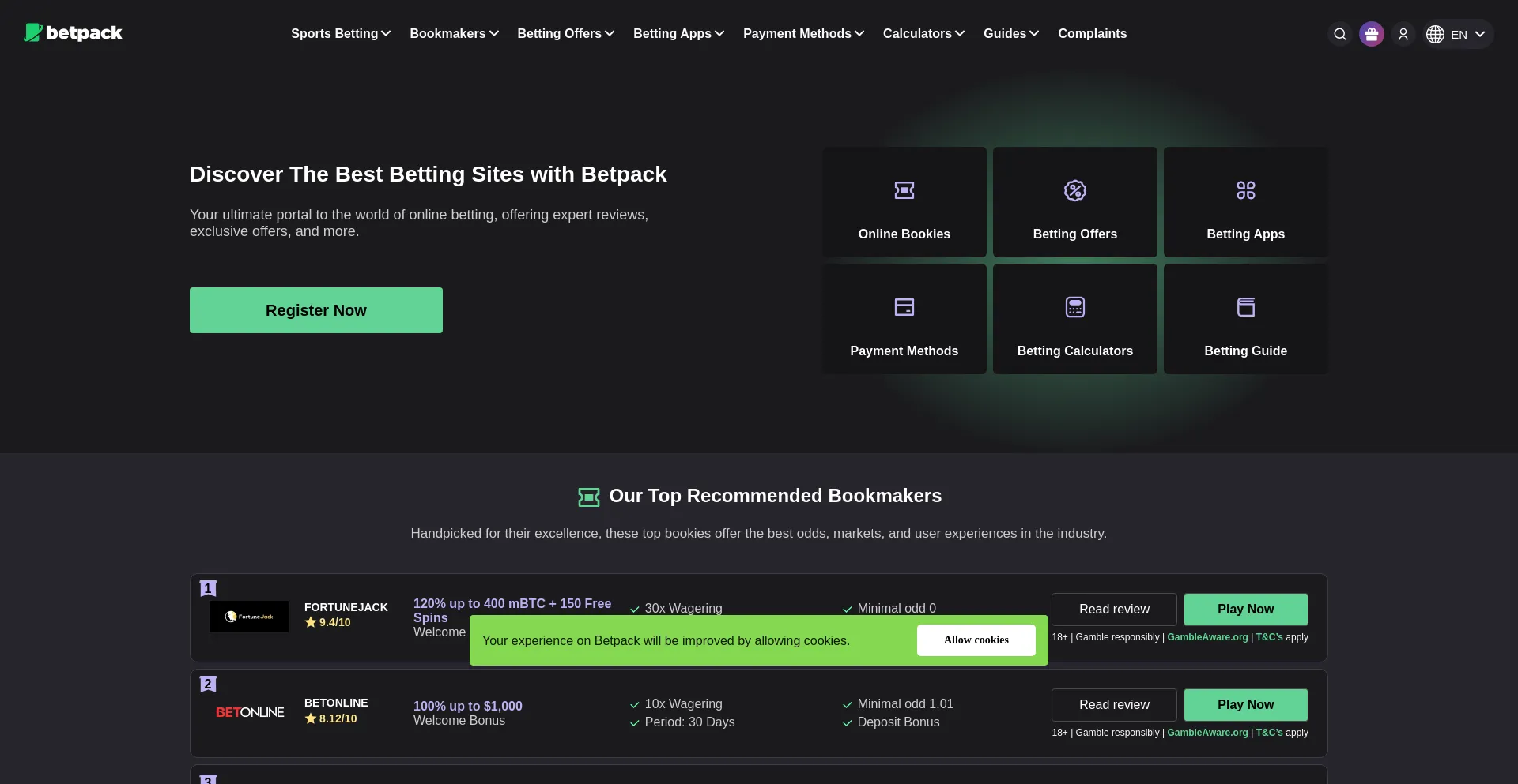 Website screenshot of Betpack.com