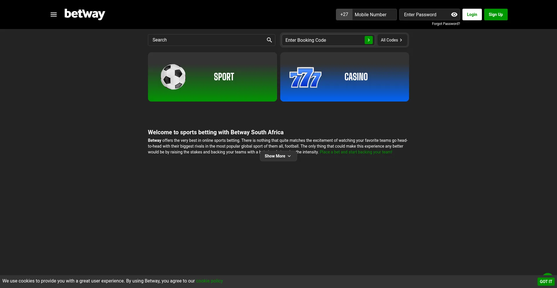 Website screenshot of Betway.co.za