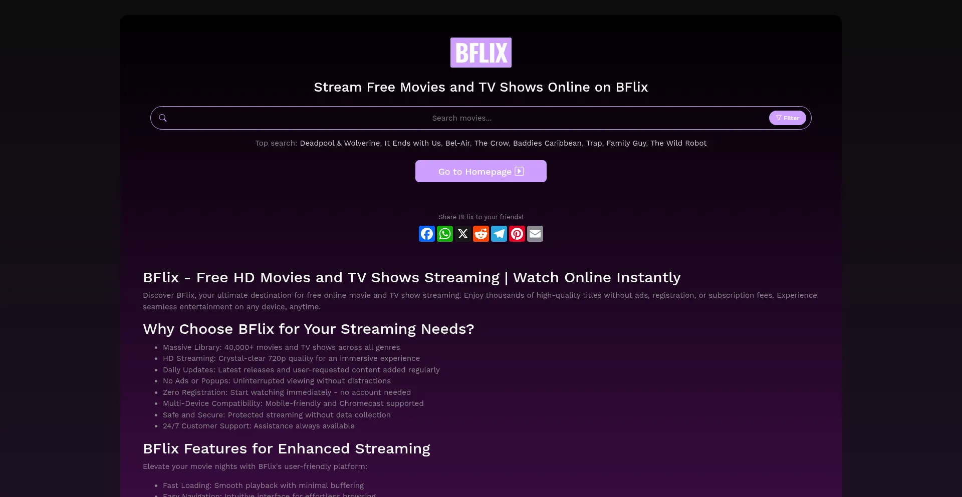 Website screenshot of Bflixhd.lol