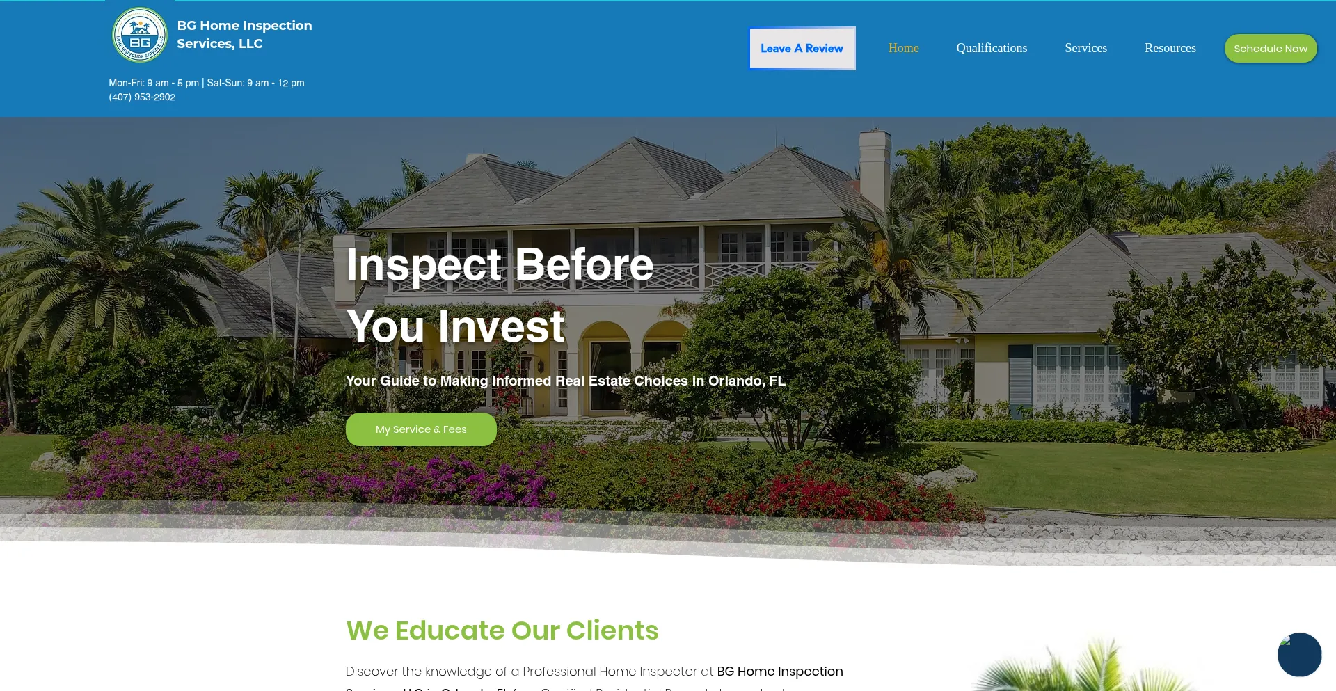 Website screenshot of Bghomeinspectionfl.com