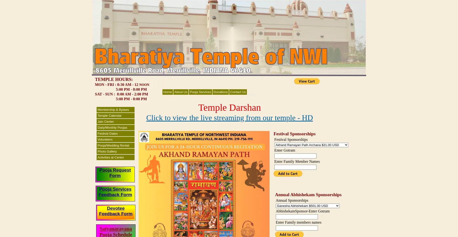 Website screenshot of Bharatiyatemple-nwindiana.org