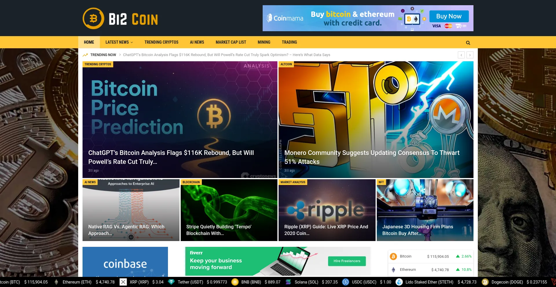 Website screenshot of Bi2coin.net