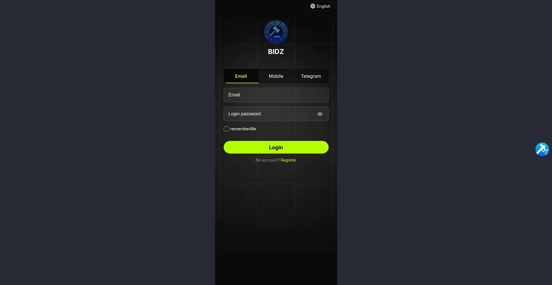 Website screenshot of Bidztoken.com